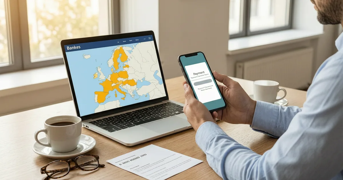 Ein Zahler, der auf dem Handy einen Empfängernamen gegen eine IBAN prüft, bevor er eine Euro-Überweisung sendet, mit einer Europakarte auf dem Laptop daneben